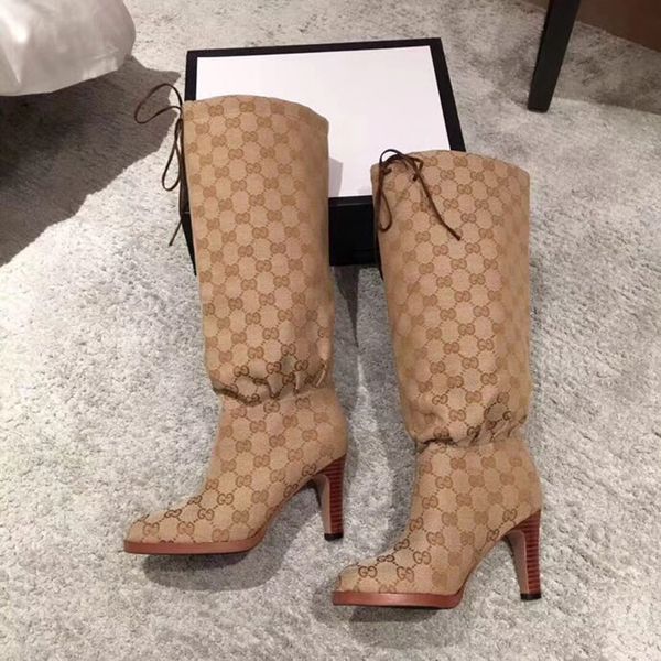 

2019 women luxury de igner knee boot yellow pink canva women brand fa hion mid heel boot thigh high hoe with box
