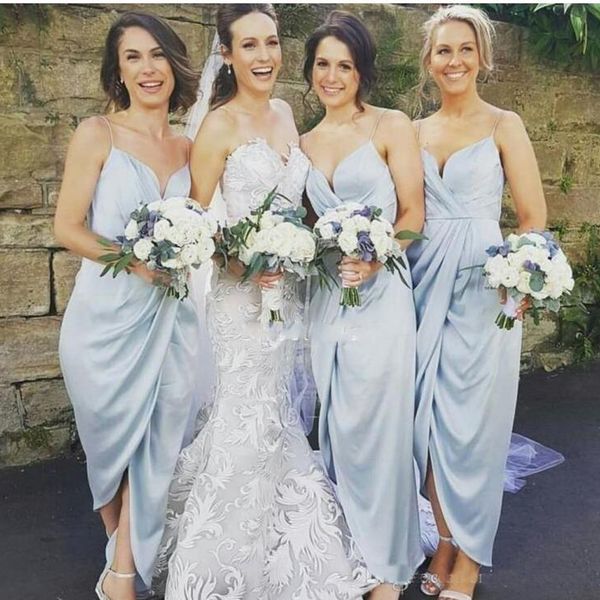 

Elegant Spaghetti Straps Sheath Bridesmaid Dresses 2019 Ankle Length Sexy Maid Of Honor Gowns Cheap Wedding Guest Dresses