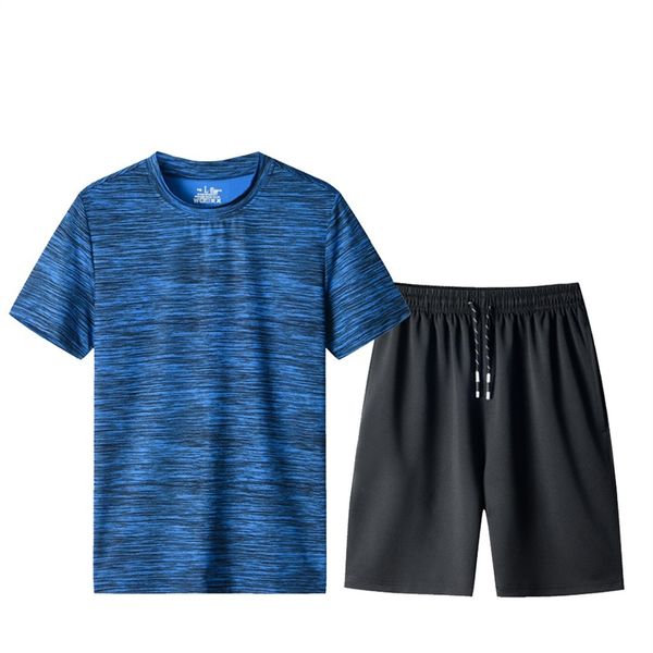 

brand sportswear men running set jogging sport tracksuit fitness quick dry men t shirt+shorts gym sports sets soccer jersey, Black;blue