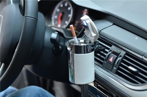 

1pc portable led light ashtray universal cigarette cylinder holder carbon fiber car ashtray