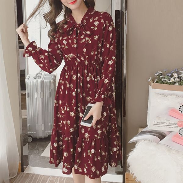 

casual dresses summer korean chiffon women dress elegant ladies vintage long boho floral office sleeve vestidos clothing 5lyq003, Black;gray