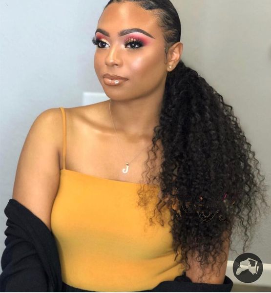 

celebrity kinky curly ponytail hairpiece natural big puff fake real hair drawstring ponytail 100 human hair 160g, Black