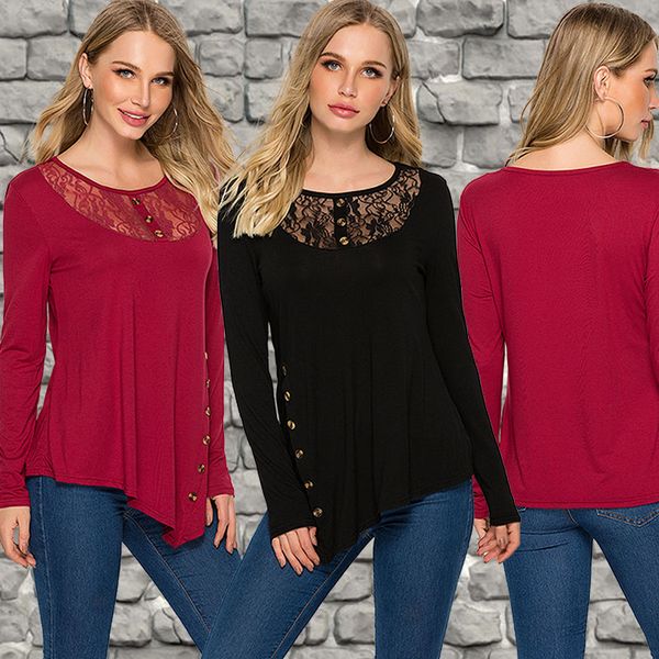 

полный рукав топ для женщин женская блузка 2020 мода кружева круглый вырез кнопка рубашка с длинным рукавом блузка выдалбливают blusa mujer, White