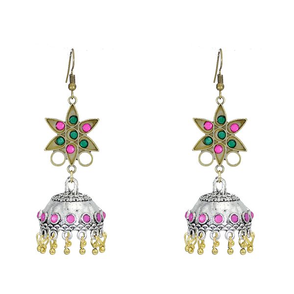 

retro flower jhumka jhumki earrings with colorful rhinestone bells pendant silver drop dangle earrings for women
