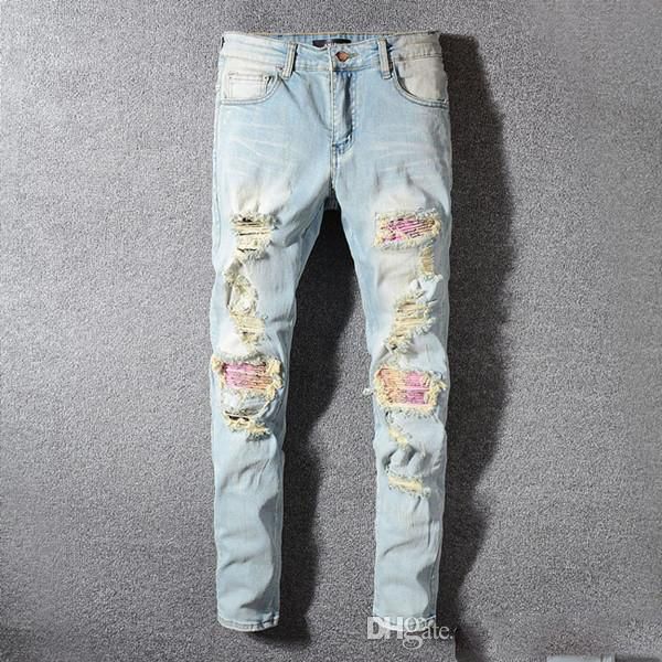 

fashion trend brand mens designer luxury men s clothing men's knee stitching pengkla punk jeans chain slim hole male motorcycle pants, Blue