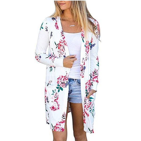 

2019 spring autumn women cardigan ladies loose jacket long sleeve floral printed coat casual fashion long cardigan plus size, White;black