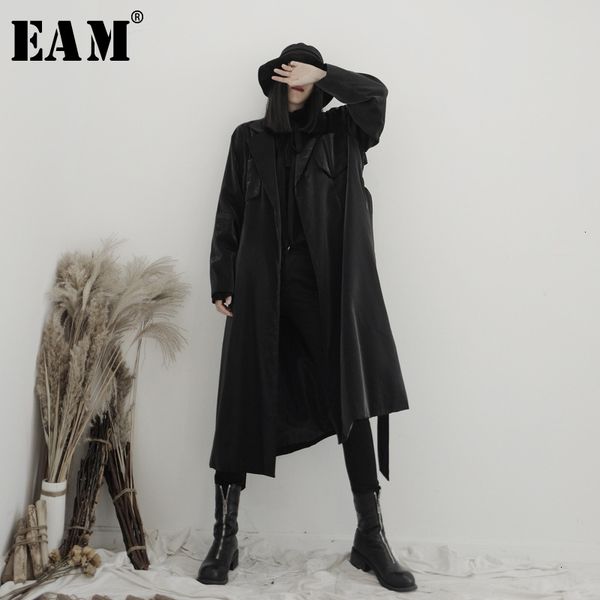 

eam] women black bandage big size trench new lapel long sleeve loose fit windbreaker fashion tide autumn winter 2019 19a-a587, Tan;black