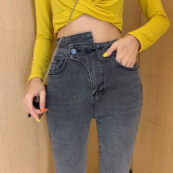 

high waist jeans female nine points pants 2020 new thin casual slim skinny pencil high elastic ankle length pants women, Blue