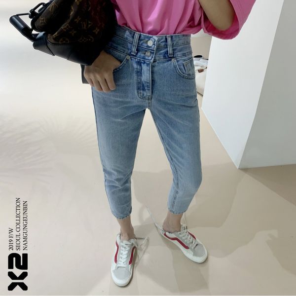 

high waist two buckle waist design washed blue skinny jeans female pantyhose
