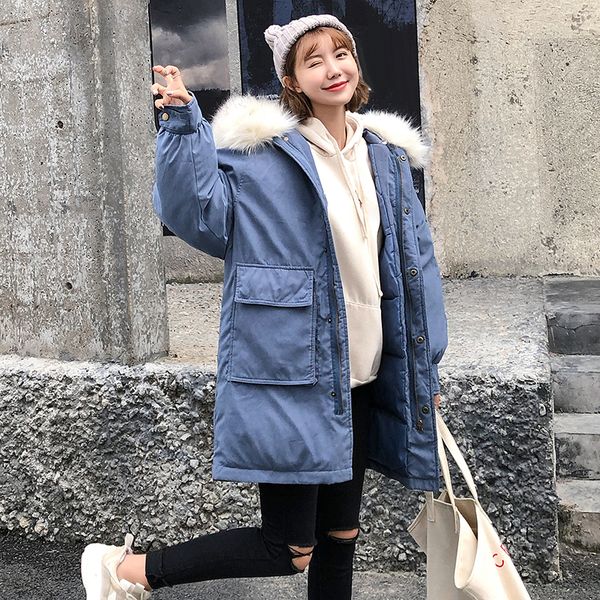 

women winter down warm coat hooded long coat fur collar parka fashion casual solid color ladies outwear puffer overcoat female, Black