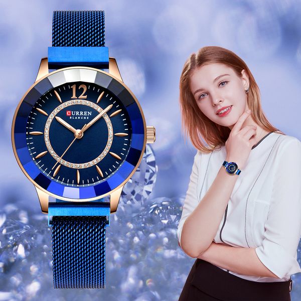CURREN Neue Strass Mode Quarz Mesh Stahl Uhr für Frauen Kausalen Blau Damen Uhr bayan kol saati Edle Luxus Uhr
