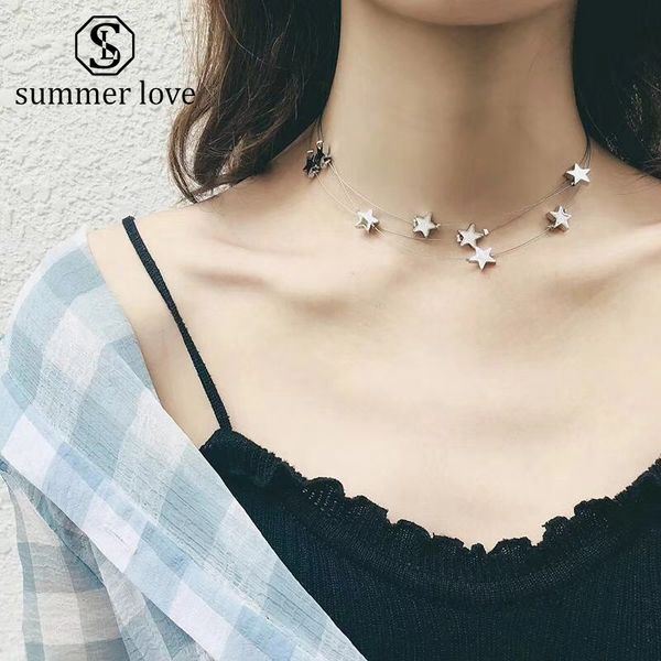 

2019 pentagram charm silver pendants choker necklace for women fashion multilayer small circle chain personality necklace jewelry