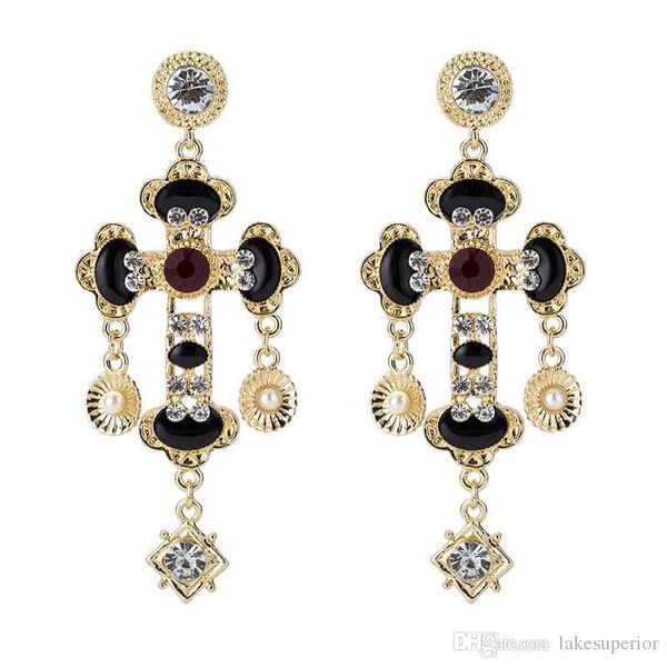 

роскошная стад серьги для женщин ретро rhinestone креста длинные серьги для подарков партии марка ювелирных аксессуаров fast shipping, Golden;silver