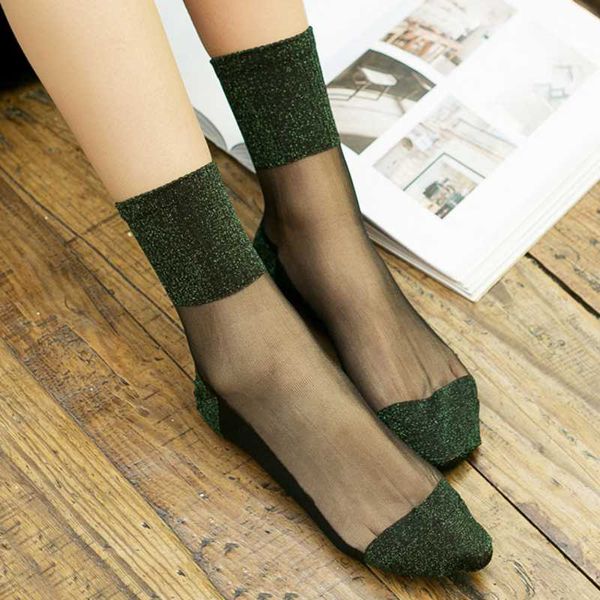 

summer fashion women ultrathin transparent socks glitter crystal glass silk socks beautiful lace shiny elastic short, Black;white