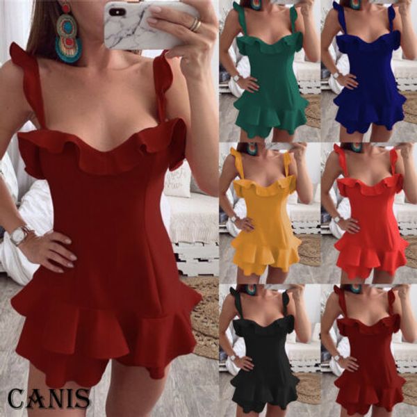 

womens ruffle frill strappy summer holiday party bodycon beach colours short mini dress, Black;gray