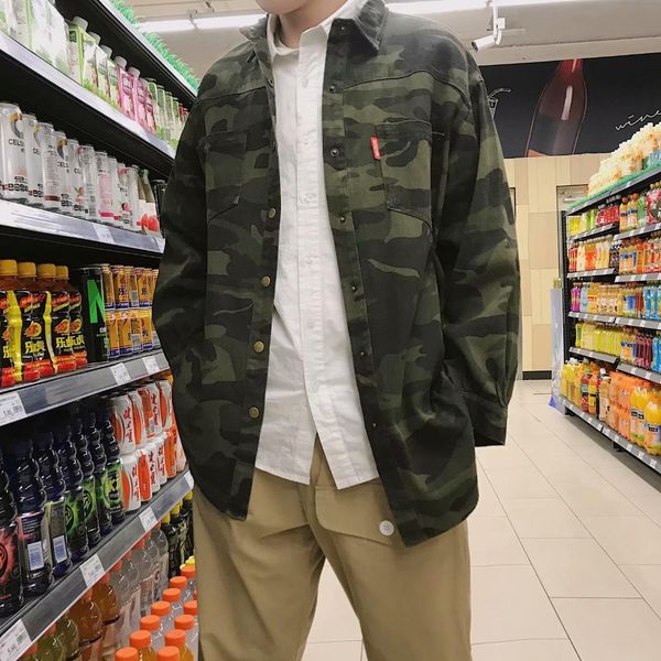 

2019 turn-down collar autumn camouflage retro tide brand coat shirt versatile thin shirt long sleeve comfortable sa-8, White;black