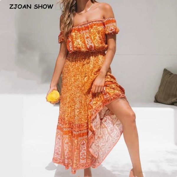

casual dresses 2021 bohemian slash shoulder floral print boho dress holiday woman adjust waist short sleeve off long orange, Black;gray