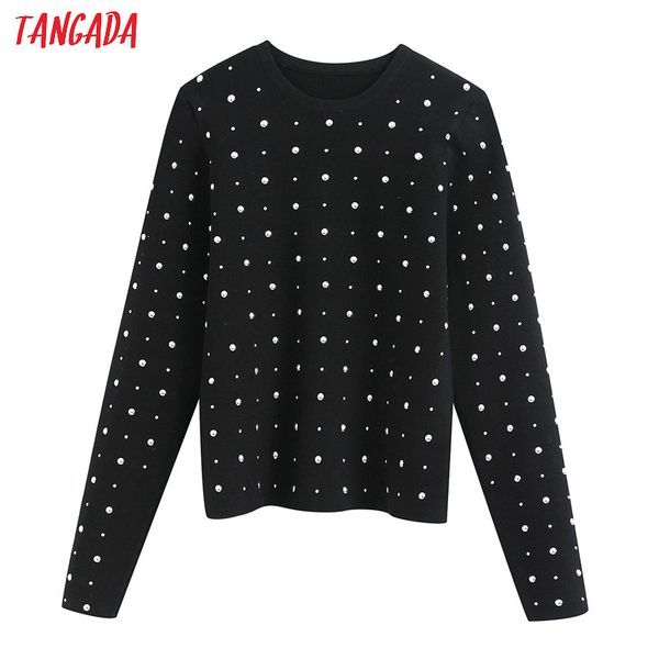 

tangada korea chic women rivet black slim sweater vintage ladies knitted jumper be237, White;black