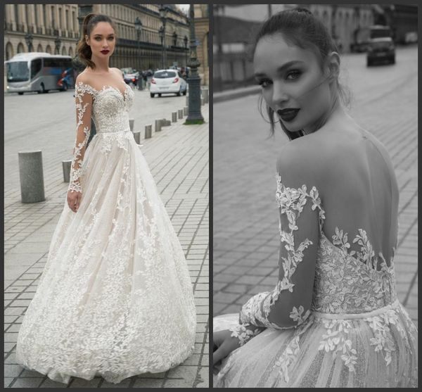 

2020 new vintage a line wedding dress sheer jewel neck long sleeves bridal gowns floor length appliques crystal wedding dress custom made, White