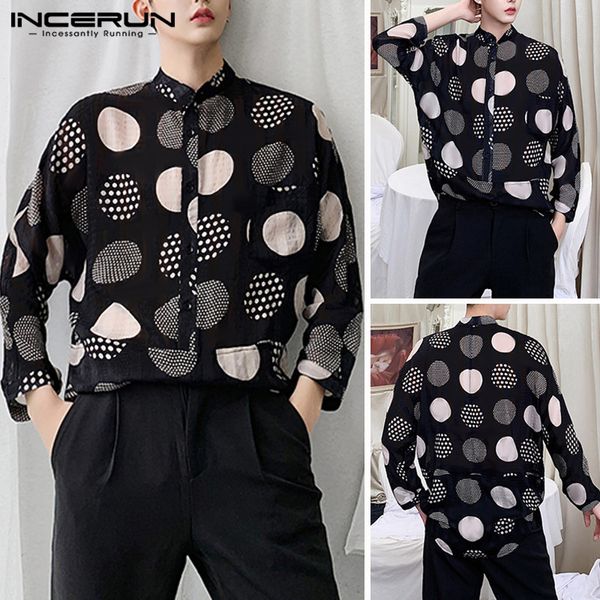 

incerun men polka dot print long sleeve collar shirt dress temperament vintage leisure button mens blouse camisas hombre s-5xl, White;black