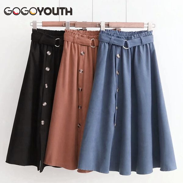 

gogoyouth midi length velvet skirt women 2018 autumn korean button sashes high waist skirt female blue black green a-line