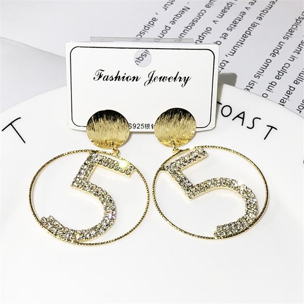 

fashion rhinestone letter 5 earrings women geometric long round brand simple drop earrings wedding jewelry earings z120, Silver