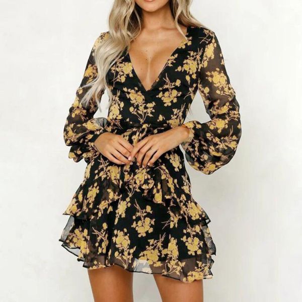 

dress womens floral leaf printed lantern sleeve empire dress ladies summer beach casual mini women 2018aug9, Black;gray