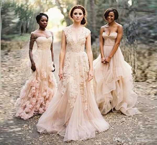 Profundo v boné mangas rosa renda applique tule sheer vestidos de casamento barato vintage a linha mais recente blush vestido de noiva de casamento hy4117