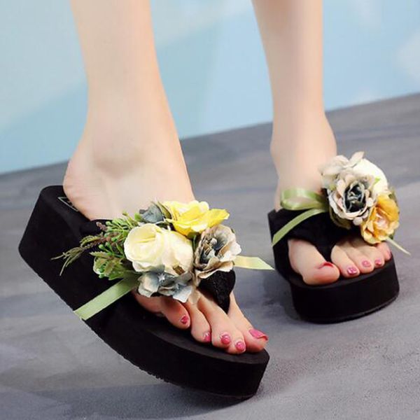 

women beach slippers flowers slippers women home shoes fashion casual flip-flops summer comfortable sandalia feminina sh97, Black