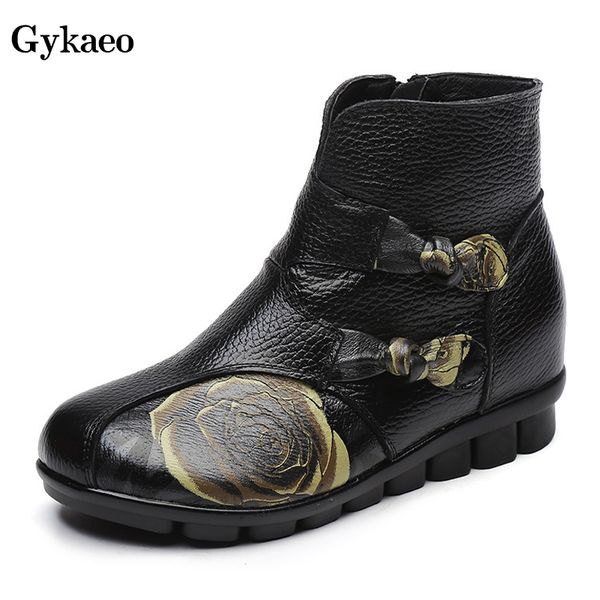 

gykaeo winter new national style genuine leather women boots female floral low heels cotton warm shoes botas mujer invierno 2019, Black