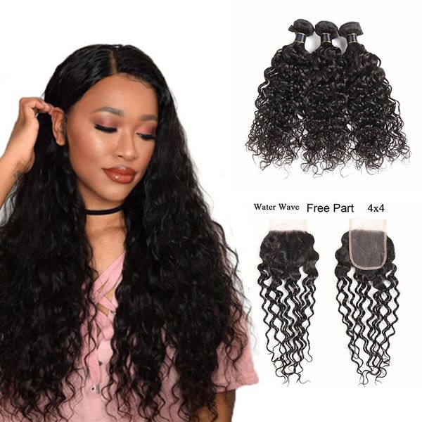 

water wave 3 bundles with closure hair bundles with 4x4 closure remy hair extension brazilian water wave hair with lace closure, Black