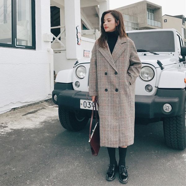

vintage plaid woolen coat 2019 autumn winter new korean fashion long wool coat women jackets coats female overcoat, Black
