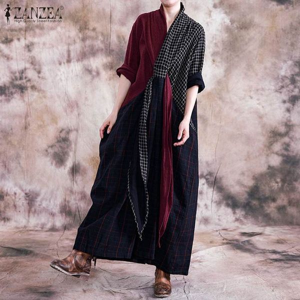 

zanzea vintage plaid checked long dress women pacthwork maxi sundress autumn retro loose party vestido kaftan tunic dresses 5xl, Black;gray