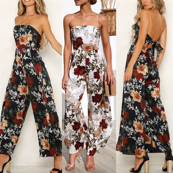 

women's jumpsuits & rompers summer womens jumpsuit shoulderless backless floral print long playsuit ladies high waist romper women 2021, Black;white