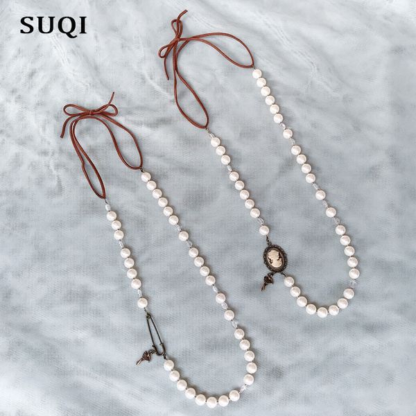

fashion bronze queen jewelry choker artificial pearls rhinestone cameo pendants long bohemian sweater necklace for women's 2019, Silver