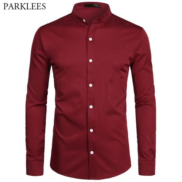 

red shirt men business casual men dress shirts band collar button down long sleeve daily work mens camisa social masculina, White;black