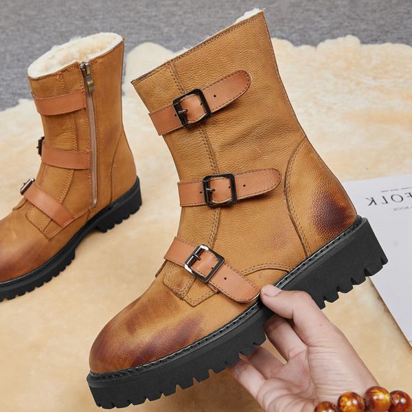 

genuine leather women ankle boots winter snow boots leather belt zipper shoes fur snow botas mujer platform quality shoes female, Black