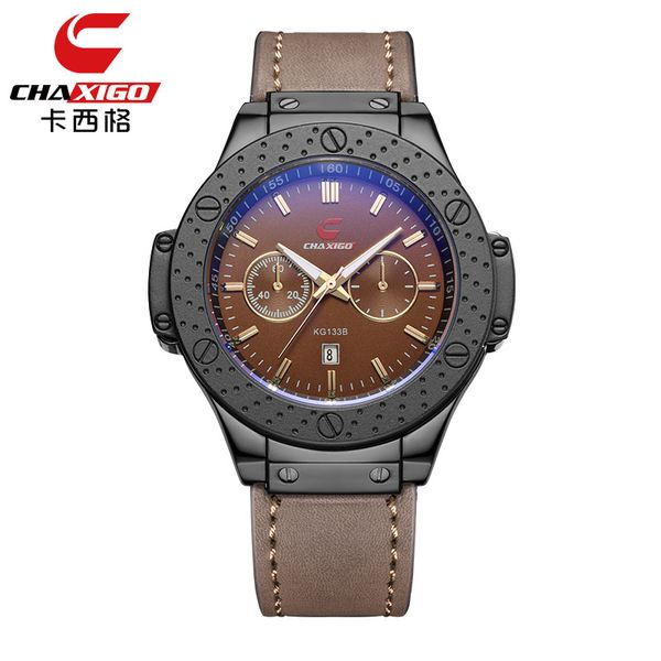 

chaxigo brand casual new style men watch date calendar round quartz leather strap waterproof sport wristwatch men gift, Slivery;brown
