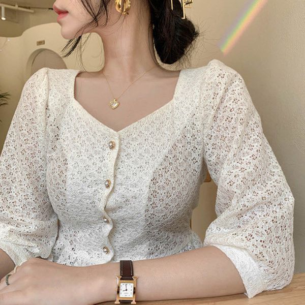 

ewq] 2020 summer new sweet square collar chic buttons hollow lace hook flower slim women blouses korea lace retro ladies shirt, White