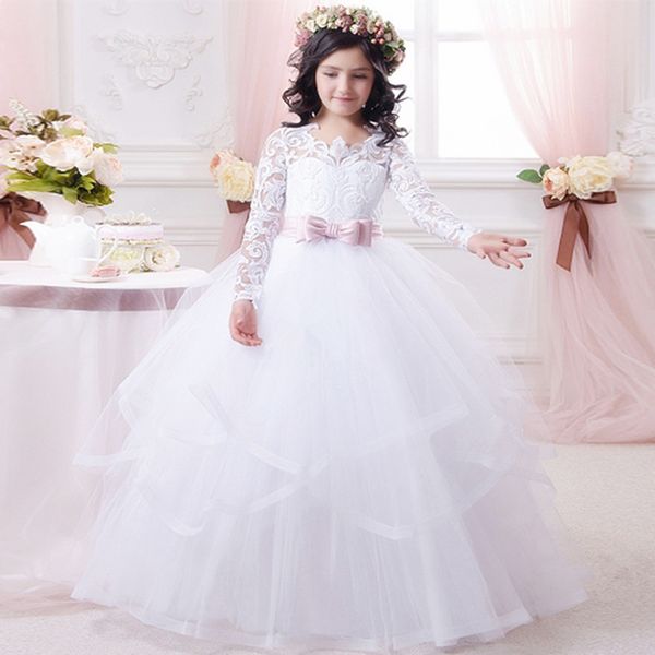 

white lace applique flower girl dresses for wedding cascading party long sleeve princess girl formal dress first communion dress, Red;yellow