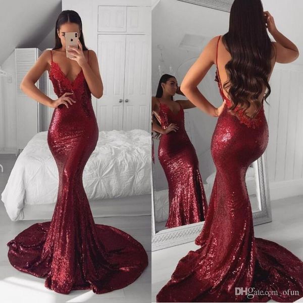 

burgundy mermaid prom dresses sequined spaghetti straps floor length lace applique formal dress evening gowns vestidos de noiva ogstuff, Black