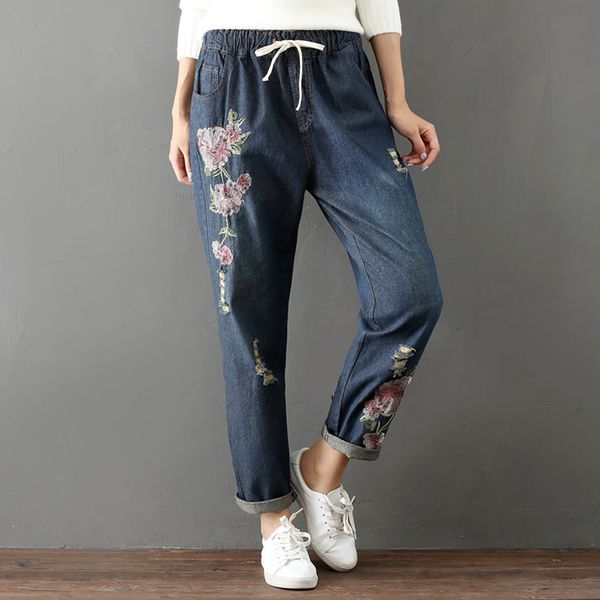 

vintage woman floral embroidery jeans 2020 spring autumn elastic waist casual streetwear female denim pants jean plus size, Blue