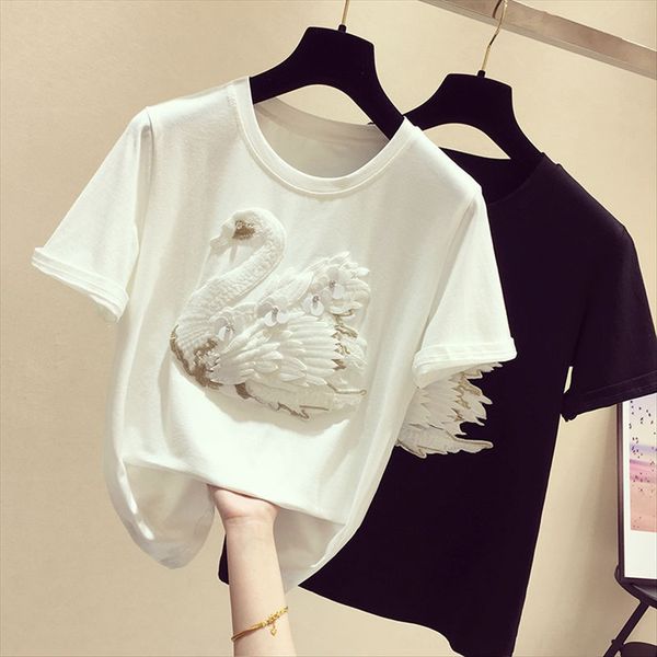 

white heavy industry embroidery women's cotton stereo super fire cec t- t-shirt elastic base shirt all-match half sleeve summer tide