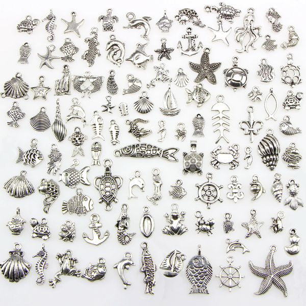 

Mixed 100 Designs Sea Turtle Frog Mermaid Crab Crocodile Octopus Fish Bone... Nautical Theme Charms Pendants For DIY Necklace Bangle Making