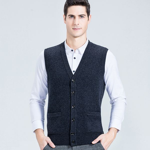 

new arrival men's solid color wool pullover single breasted cardigan fashion casual v-neck sleeveless wool cardigan, White;black