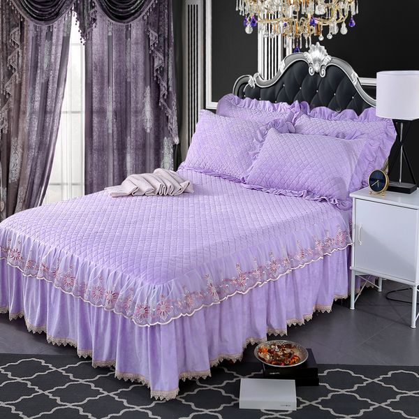 

crystal velvet thick bedspread bedsheet pillowcase 1/3pcs purple lace bed skirt with cotton girls bedding bed cover home textile