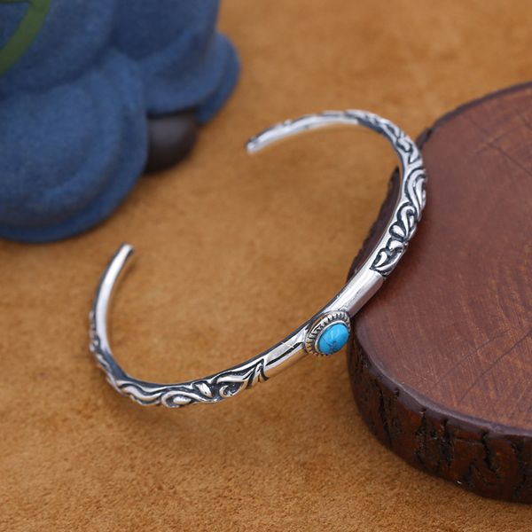 

s925 sterling silver jewelry retro thai silver simple thin ring tang grass mosaic turquoise men and women open ended bangle, Golden;silver