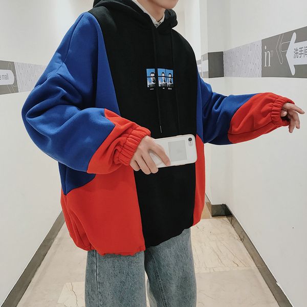 

2018 new autumn and winter men's printing loose contrast color mosaic hooded plus velvet hoodie streetwear black / red m-2xl