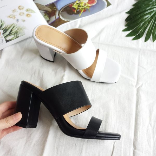 

kmeioo cowskin shoes woman open toe high heels genuine leather slides outside slippers chunky heels women block, Black
