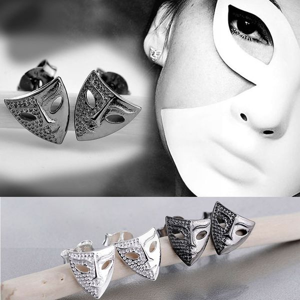 

hiphop rock real 925 silver mask stud earring for men women personalized black silver earrings fine jewelry gift bijouterie, Golden;silver